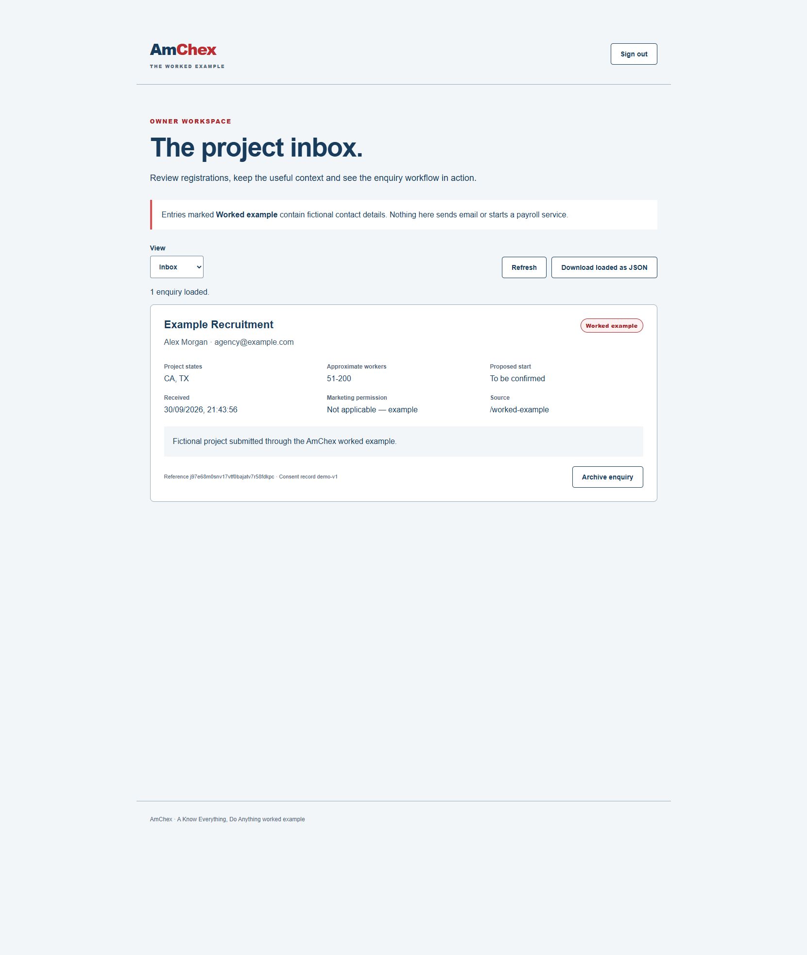 The protected AmChex owner inbox displaying a clearly labelled fictional project enquiry for California and Texas
