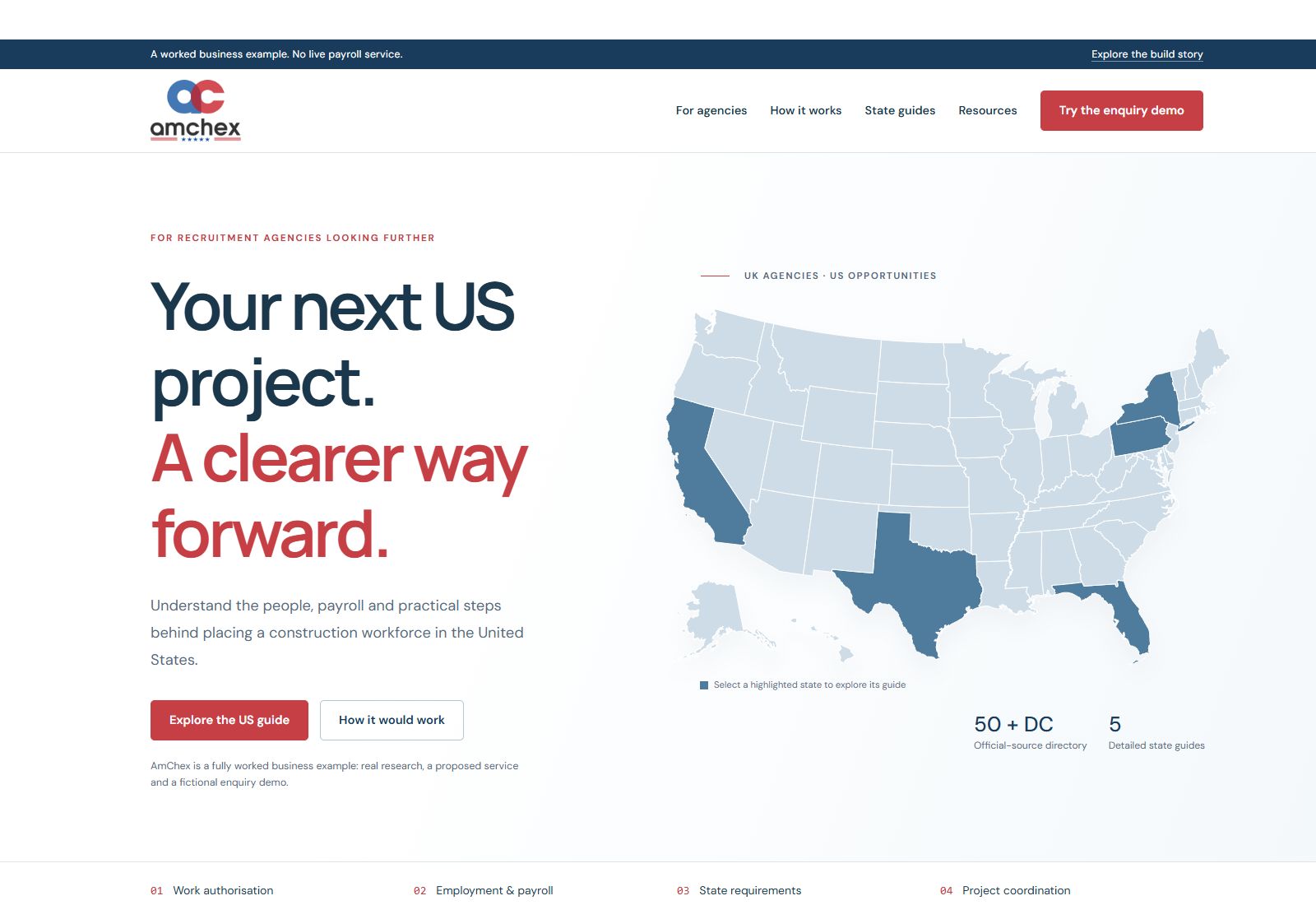 The published AmChex worked-example website, showing its proposed US construction service and interactive state guide map